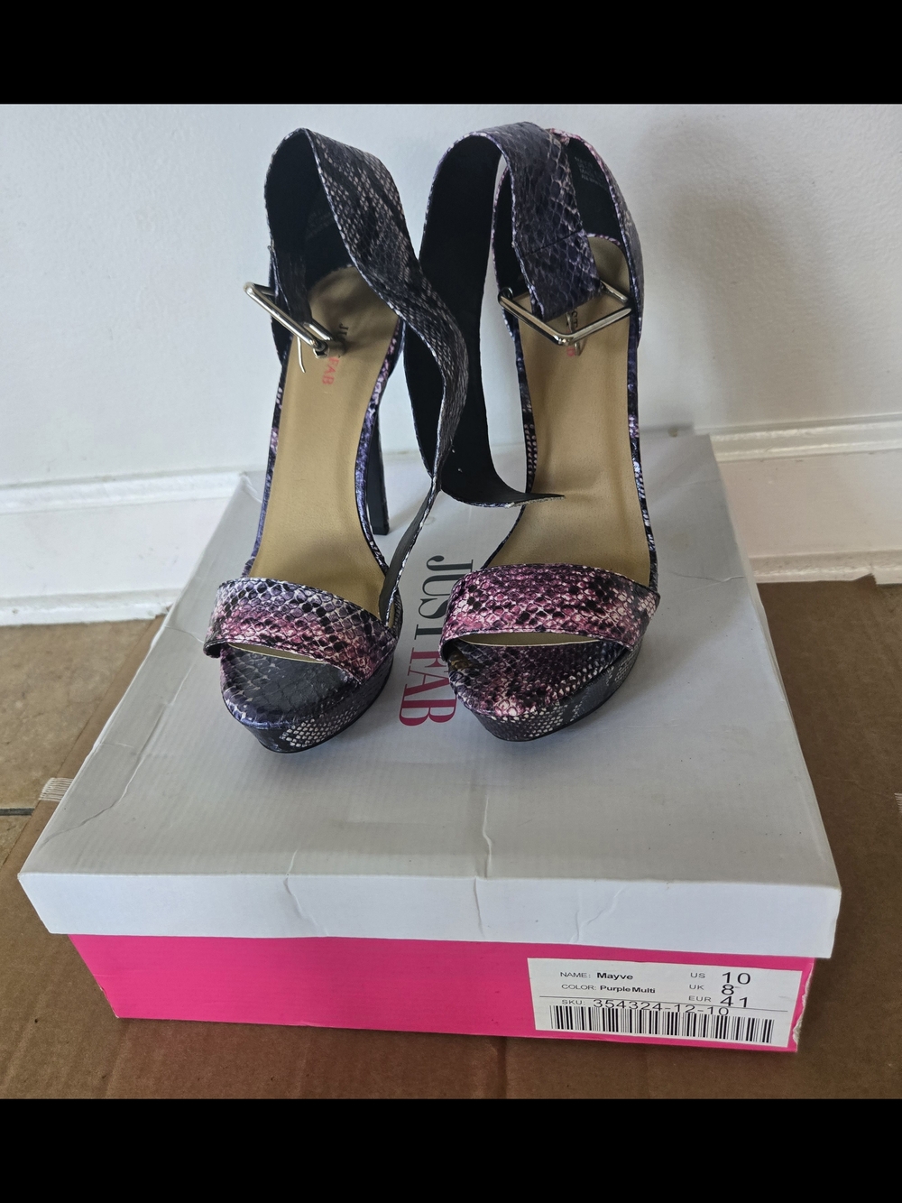 JustFab Purple Snake-Print Ankle Strap Heels